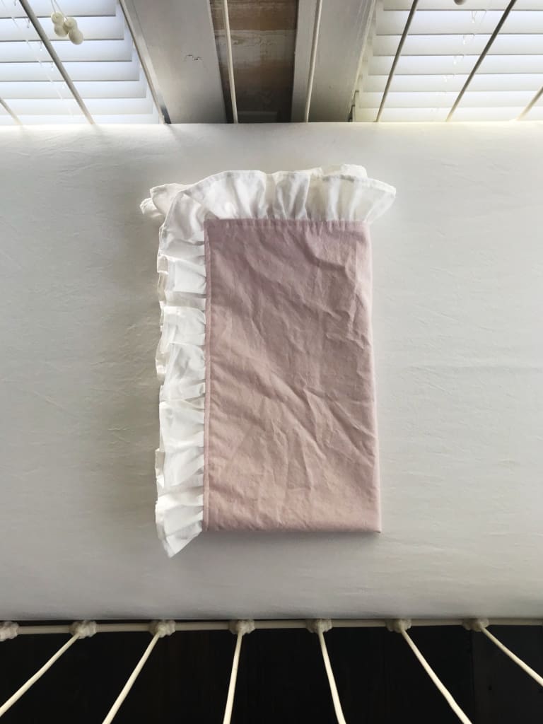 Baby Pink and White Ruffled Crib Blanket handmade heirloom nursery - High Cotton Textile