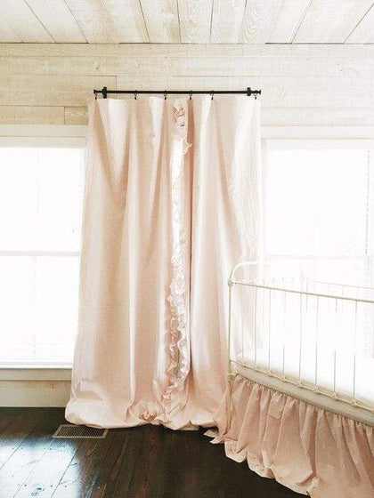 Baby pink ruffled blackout nursery curtain panel in washed cotton