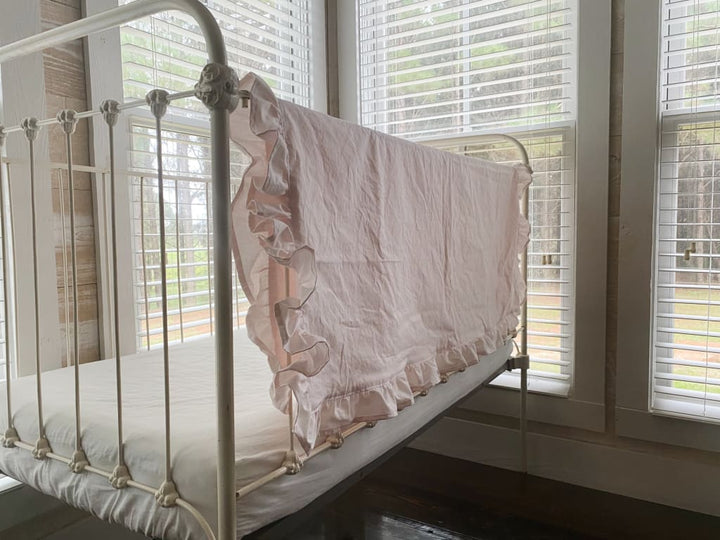 Baby Pink Ruffled Crib Blanket handmade heirloom nursery - High Cotton Textile