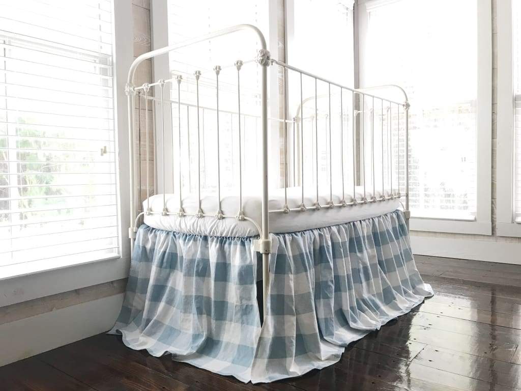 Blue Buffalo Check Farmhouse Crib Skirt handmade heirloom nursery - High Cotton Textile
