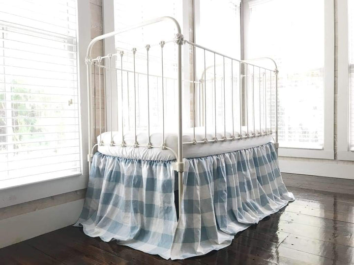 Blue Buffalo Check Farmhouse Crib Skirt handmade heirloom nursery - High Cotton Textile