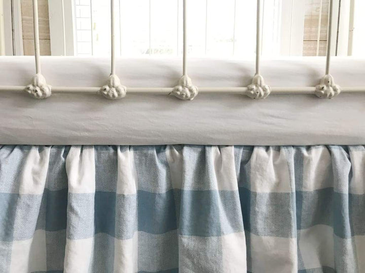 Blue Buffalo Check Farmhouse Crib Skirt handmade heirloom nursery - High Cotton Textile