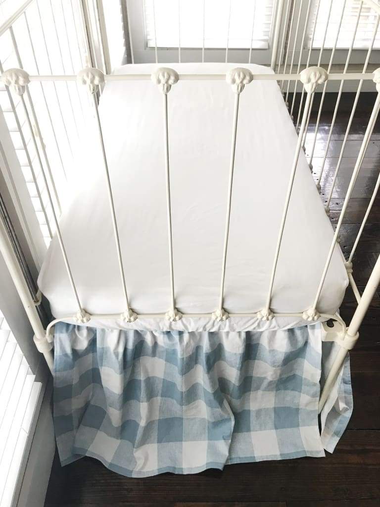 Blue Buffalo Check Farmhouse Crib Skirt handmade heirloom nursery - High Cotton Textile