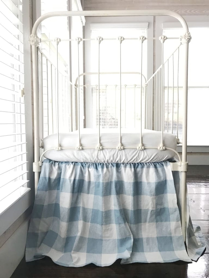 Blue Buffalo Check Farmhouse Crib Skirt handmade heirloom nursery - High Cotton Textile