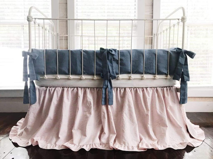 Chambray Denim and Baby Pink | Ruffled Crib Bedding Set