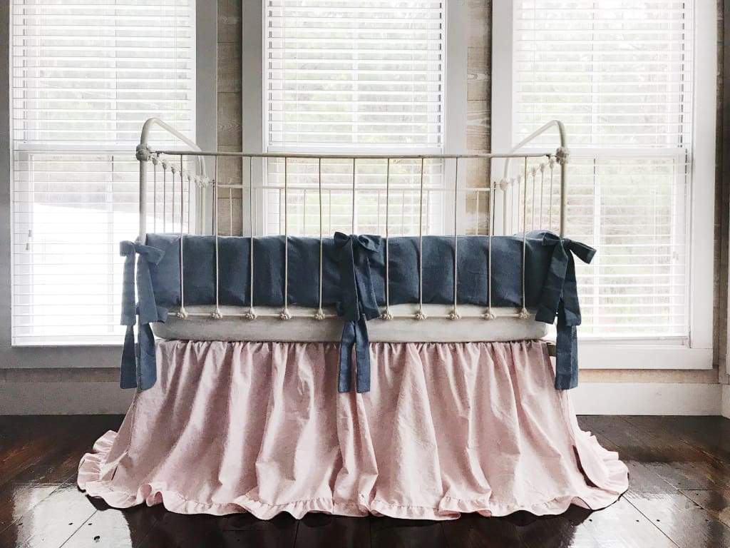 Chambray Denim and Baby Pink | Ruffled Crib Bedding Set