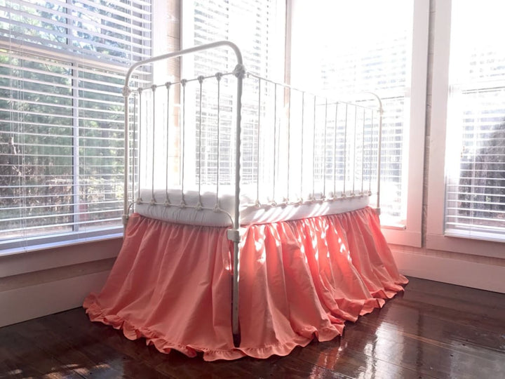 Coral Ruffled Crib Skirt handmade heirloom nursery - High Cotton Textile