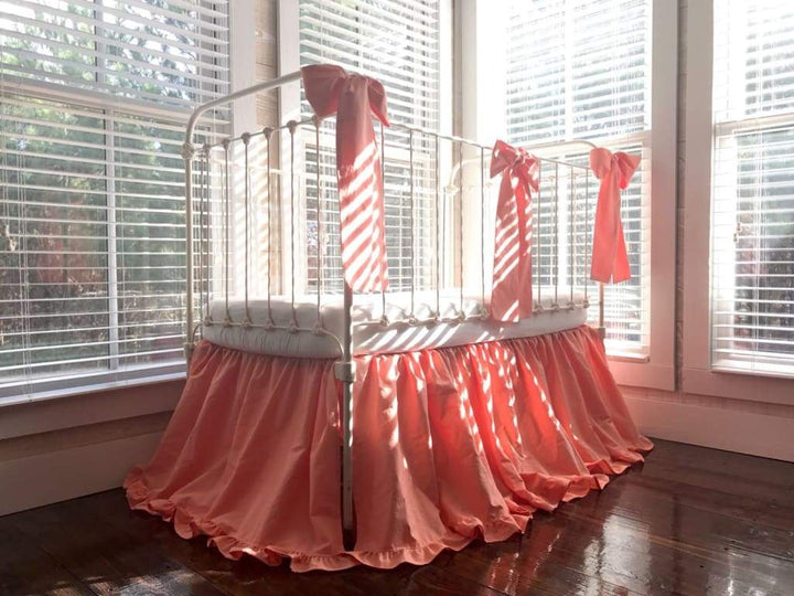 Coral Ruffled Crib Skirt and Large Crib Bows handmade heirloom nursery - High Cotton Textile