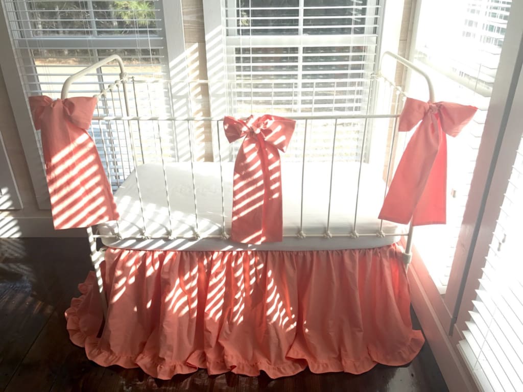 Coral Ruffled Crib Skirt and Large Crib Bows handmade heirloom nursery - High Cotton Textile