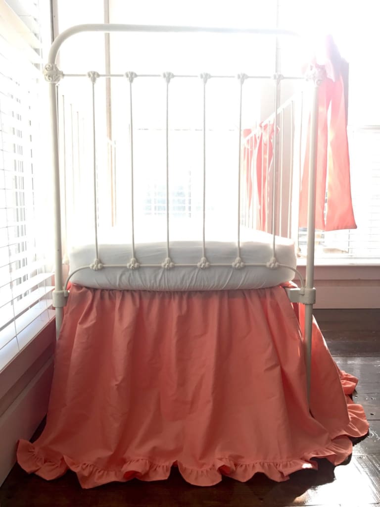 Coral Ruffled Crib Skirt and Large Crib Bows handmade heirloom nursery - High Cotton Textile