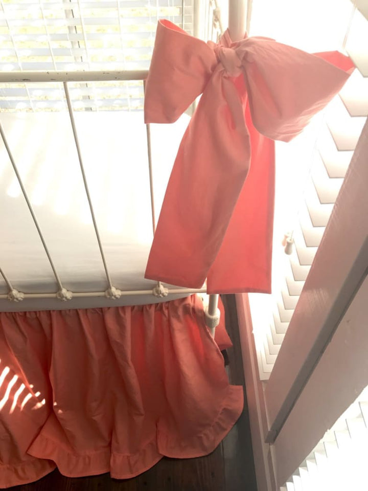 Coral Ruffled Crib Skirt and Large Crib Bows handmade heirloom nursery - High Cotton Textile