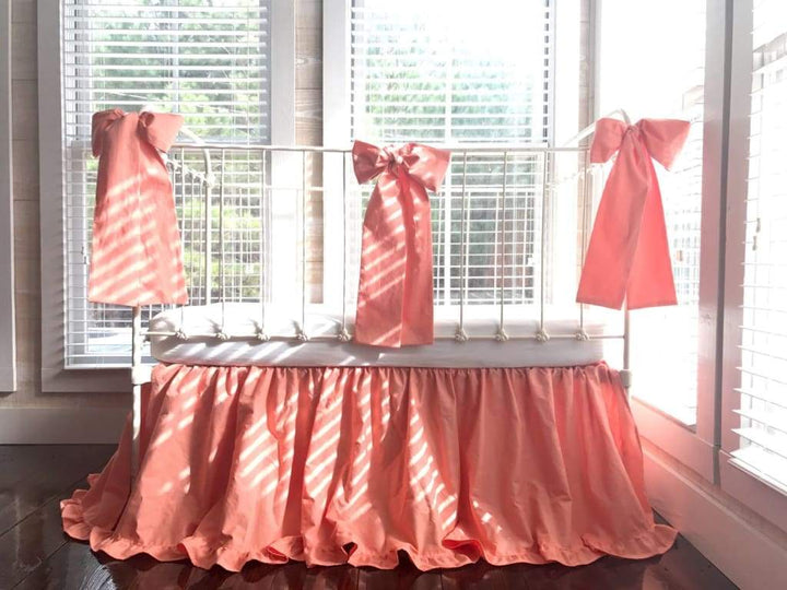 Coral Ruffled Crib Skirt and Large Crib Bows handmade heirloom nursery - High Cotton Textile