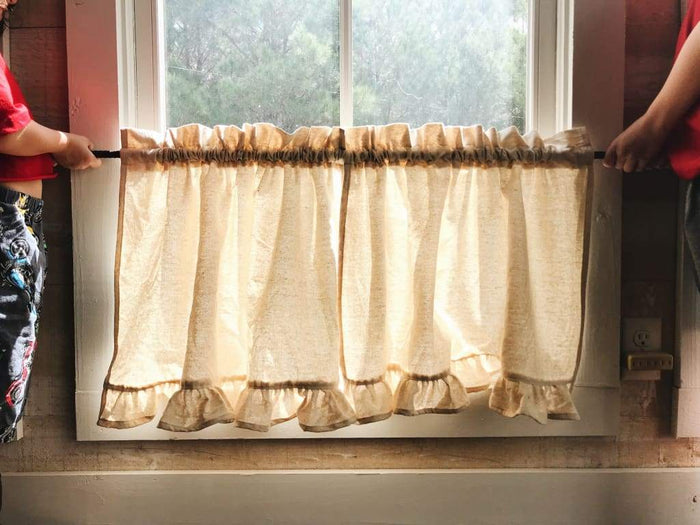 Farmhouse ruffled cafe curtain panels in washed cotton