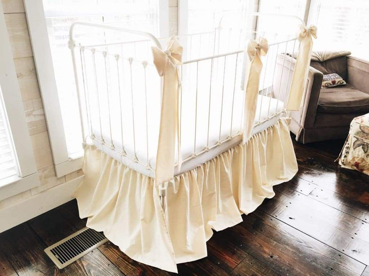 Fig Tree Cream Farmhouse Crib Skirt and Large Crib Bows handmade heirloom nursery - High Cotton Textile