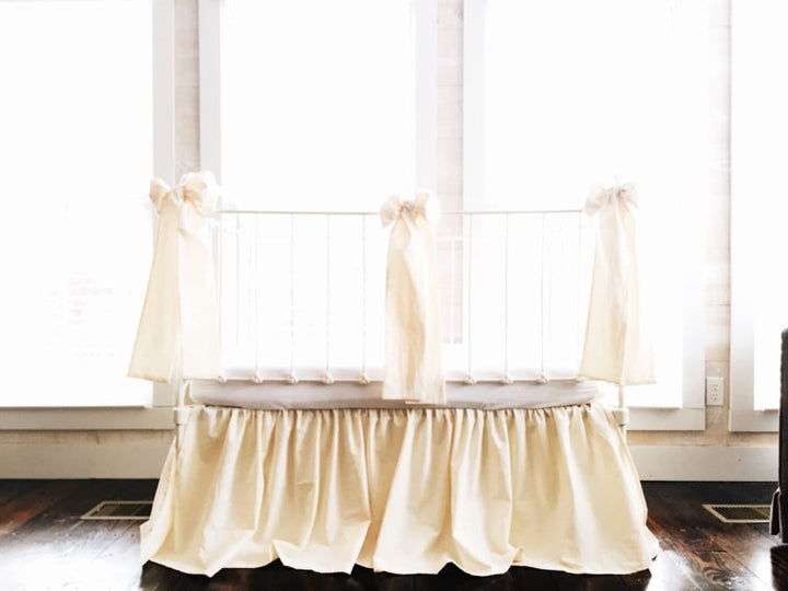 Fig Tree Cream Farmhouse Crib Skirt and Large Crib Bows handmade heirloom nursery - High Cotton Textile