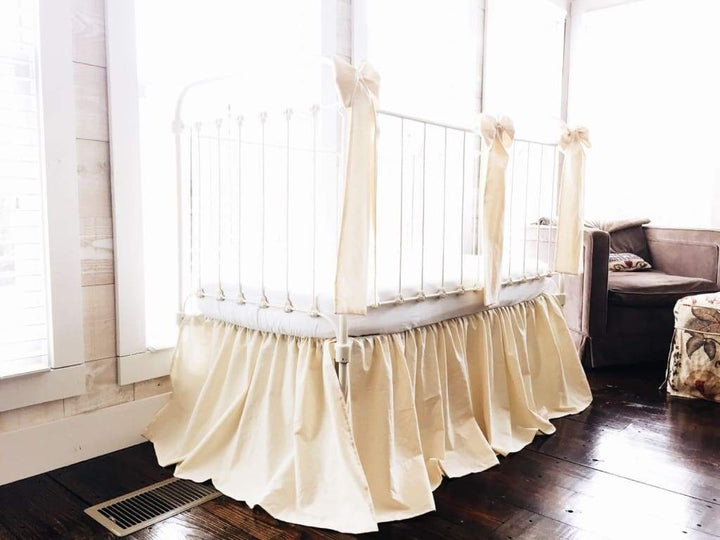 Fig Tree Cream Farmhouse Crib Skirt and Large Crib Bows handmade heirloom nursery - High Cotton Textile