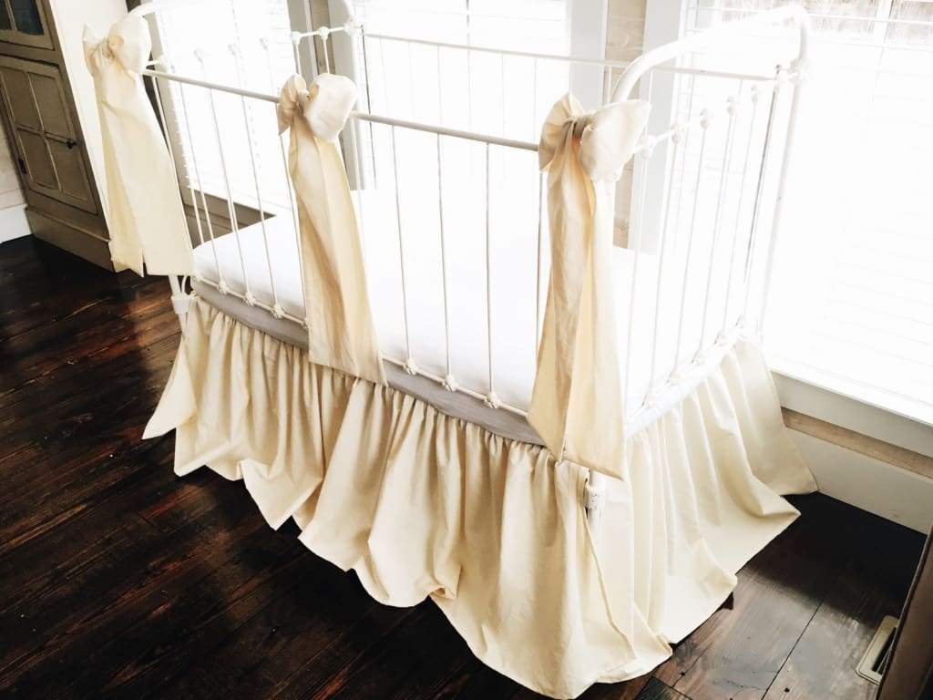Fig Tree Cream Farmhouse Crib Skirt and Large Crib Bows handmade heirloom nursery - High Cotton Textile