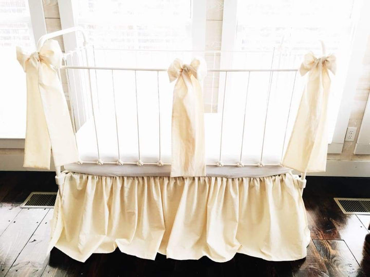 Fig Tree Cream Farmhouse Crib Skirt and Large Crib Bows handmade heirloom nursery - High Cotton Textile