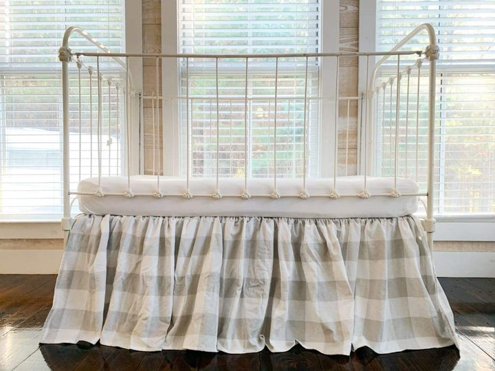 Grey Buffalo Check Farmhouse Crib Skirt handmade heirloom nursery - High Cotton Textile