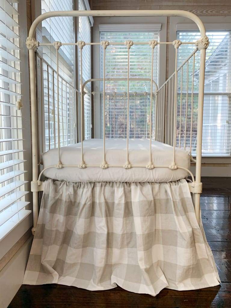 Grey Buffalo Check Farmhouse Crib Skirt handmade heirloom nursery - High Cotton Textile