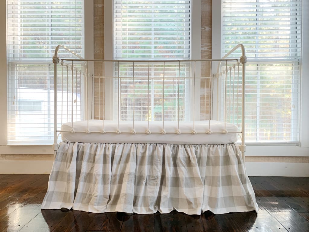 Grey Buffalo Check Farmhouse Crib Skirt handmade heirloom nursery - High Cotton Textile