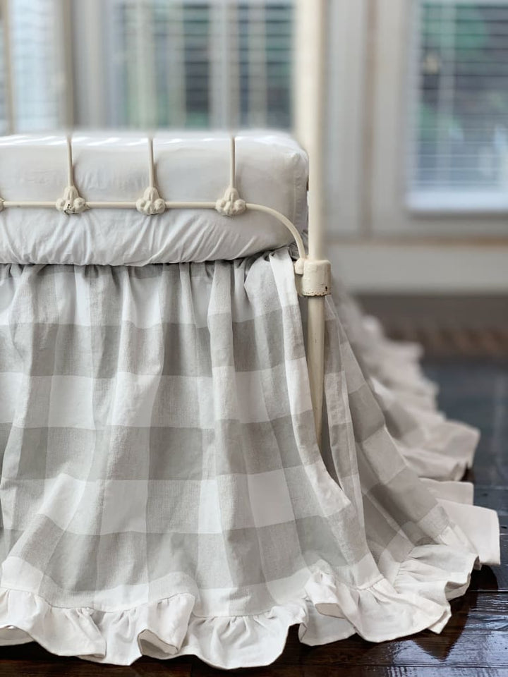 Grey Buffalo Check Ruffled Crib Skirt handmade heirloom nursery - High Cotton Textile