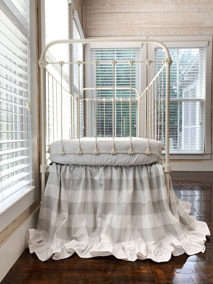 Grey Buffalo Check Ruffled Crib Skirt handmade heirloom nursery - High Cotton Textile