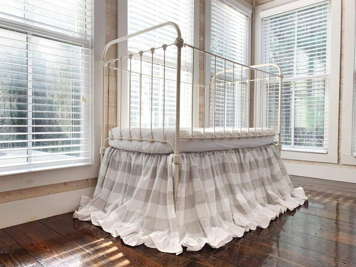 Grey Buffalo Check Ruffled Crib Skirt handmade heirloom nursery - High Cotton Textile