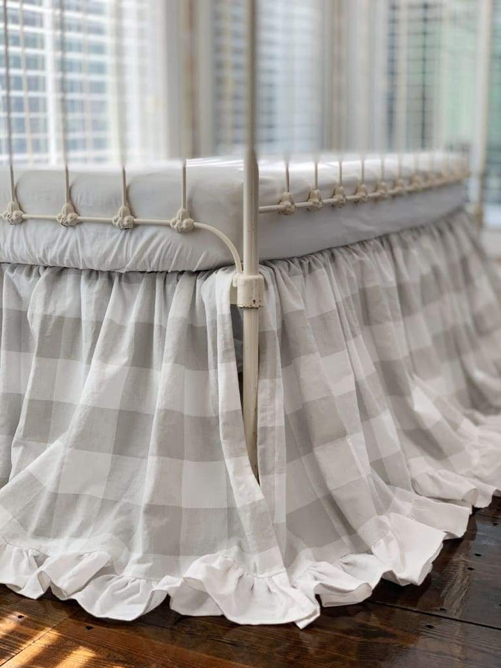 Grey Buffalo Check Ruffled Crib Skirt handmade heirloom nursery - High Cotton Textile