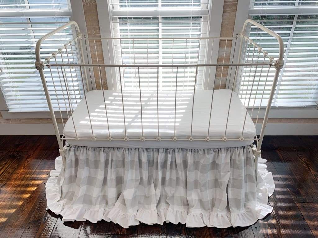 Grey Buffalo Check Ruffled Crib Skirt handmade heirloom nursery - High Cotton Textile