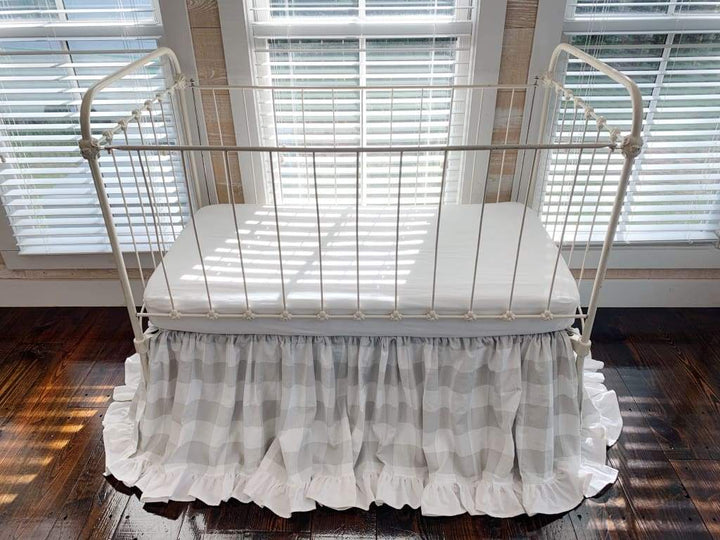 Grey Buffalo Check Ruffled Crib Skirt handmade heirloom nursery - High Cotton Textile
