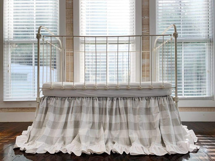 Grey Buffalo Check Ruffled Crib Skirt handmade heirloom nursery - High Cotton Textile