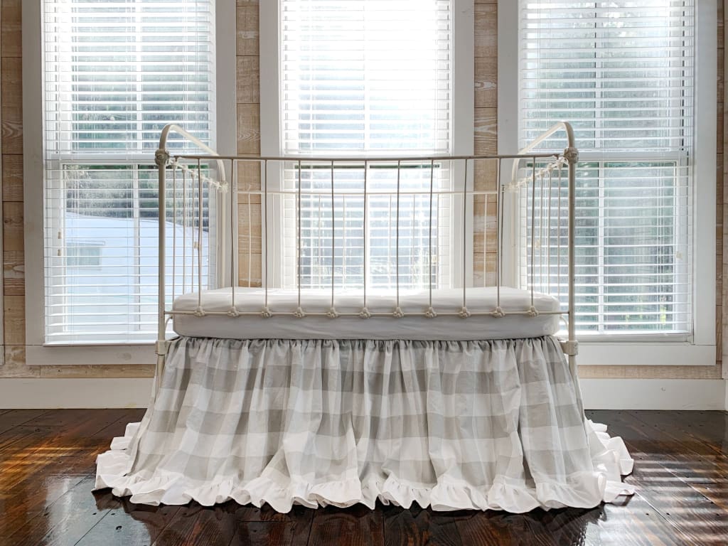 Grey Buffalo Check Ruffled Crib Skirt handmade heirloom nursery - High Cotton Textile