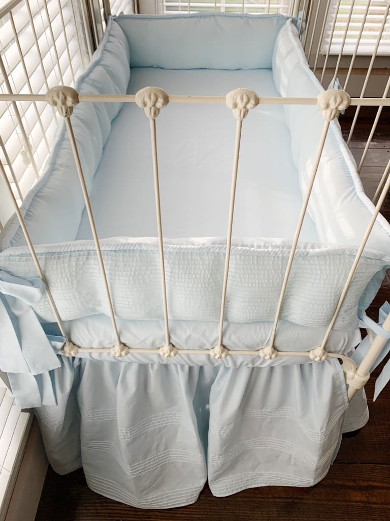 Heirloom Blue Pin-Tucked Crib Skirt | Boy Crib Bedding handmade heirloom nursery - High Cotton Textile