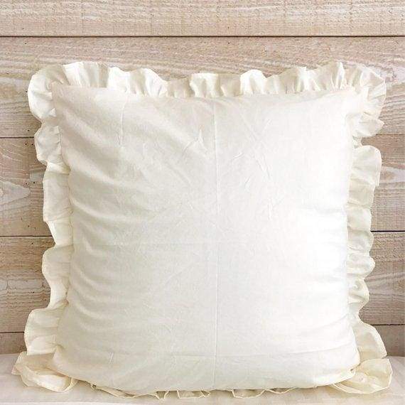 Ivory ruffled euro pillow sham in washed cotton, 26 by 26 inches