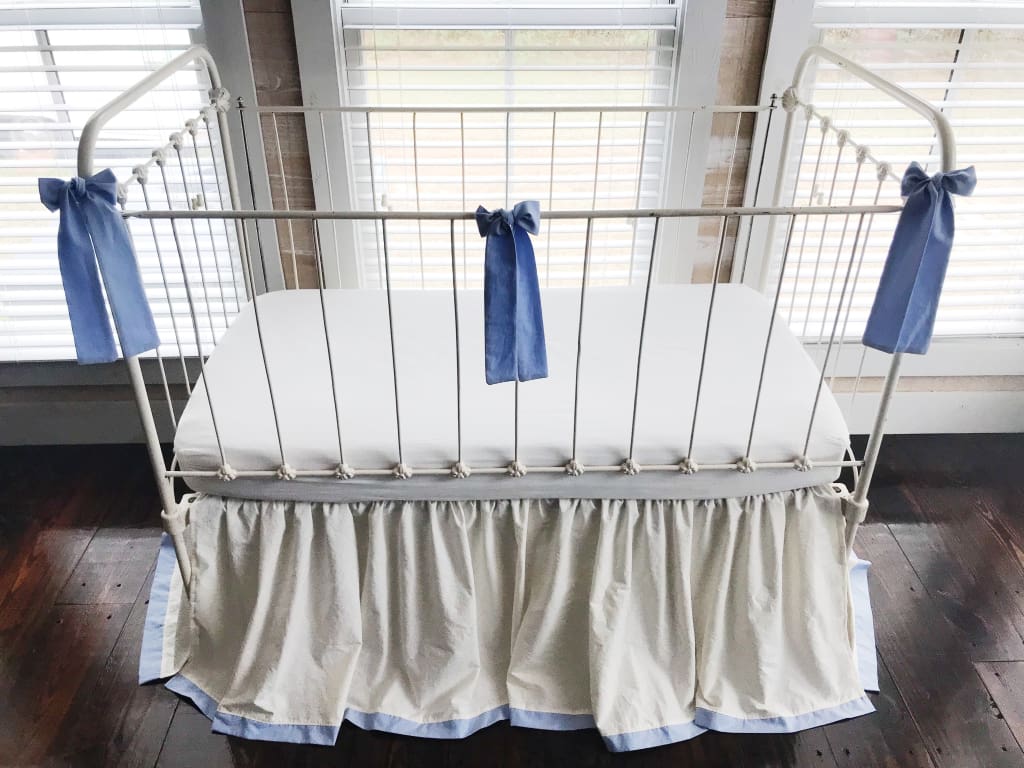 Ivory and Baby Blue Farmhouse Tailored Crib Bedding Set handmade heirloom nursery - High Cotton Textile