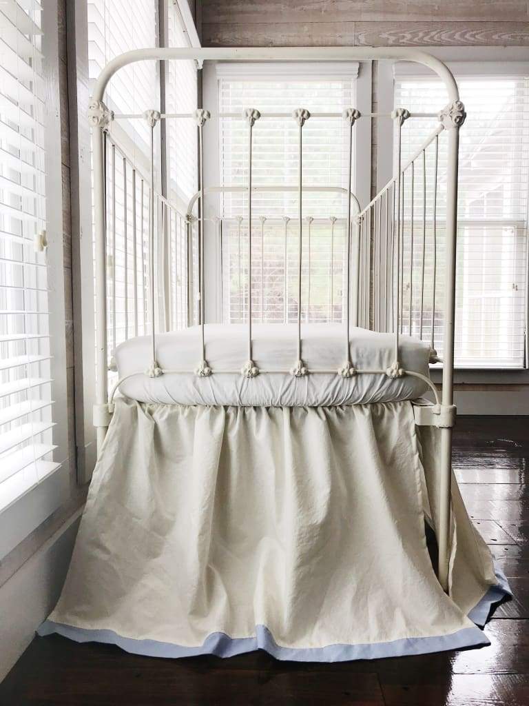 Ivory and Baby Blue Farmhouse Tailored Crib Skirt handmade heirloom nursery - High Cotton Textile