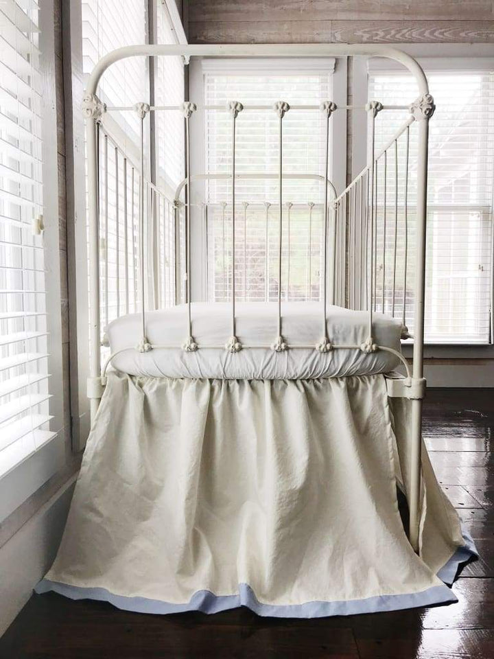Ivory and Baby Blue Farmhouse Tailored Crib Skirt handmade heirloom nursery - High Cotton Textile