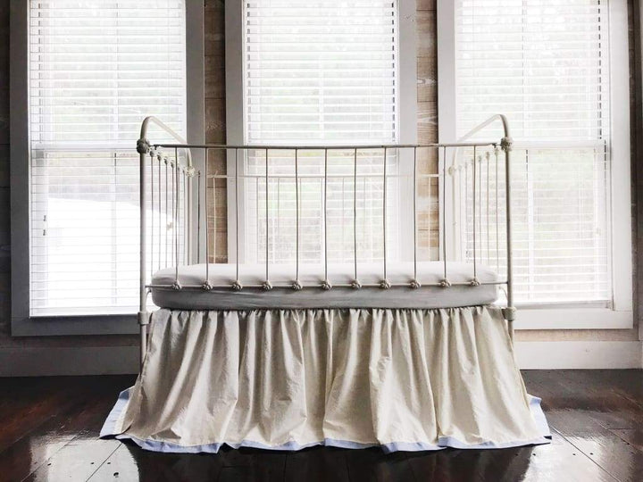 Ivory and Baby Blue Farmhouse Tailored Crib Skirt handmade heirloom nursery - High Cotton Textile