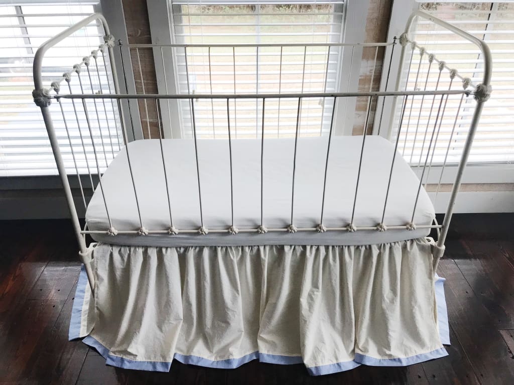 Ivory and Baby Blue Farmhouse Tailored Crib Skirt handmade heirloom nursery - High Cotton Textile