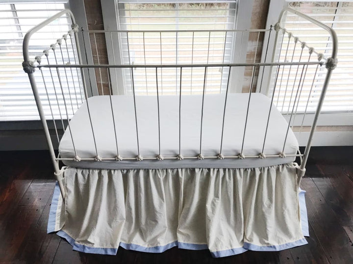 Ivory and Baby Blue Farmhouse Tailored Crib Skirt handmade heirloom nursery - High Cotton Textile