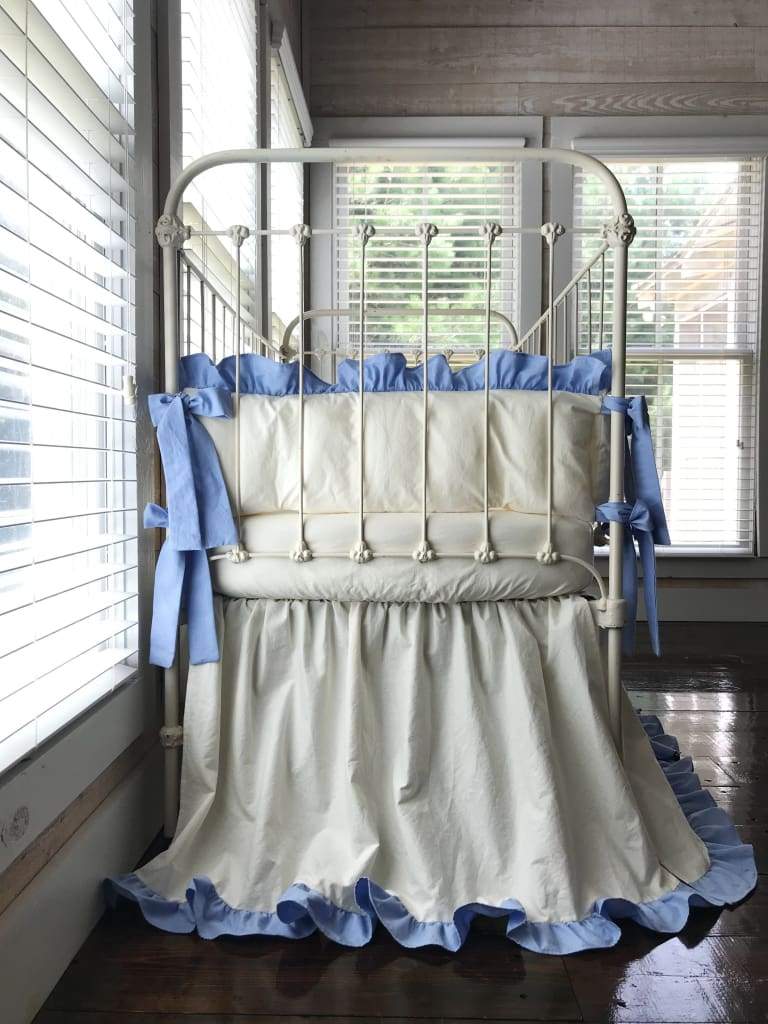 Ivory and Baby Blue | Ruffled Crib Bedding Set