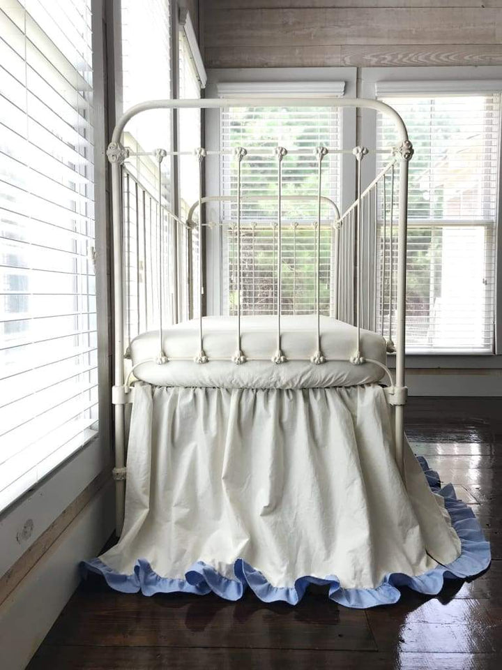 Ivory and Baby Blue Ruffled Crib Skirt handmade heirloom nursery - High Cotton Textile