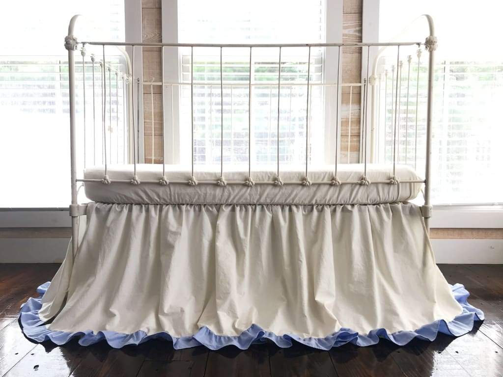 Ivory and Baby Blue Ruffled Crib Skirt handmade heirloom nursery - High Cotton Textile