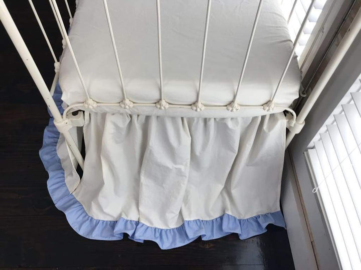 Ivory and Baby Blue Ruffled Crib Skirt handmade heirloom nursery - High Cotton Textile