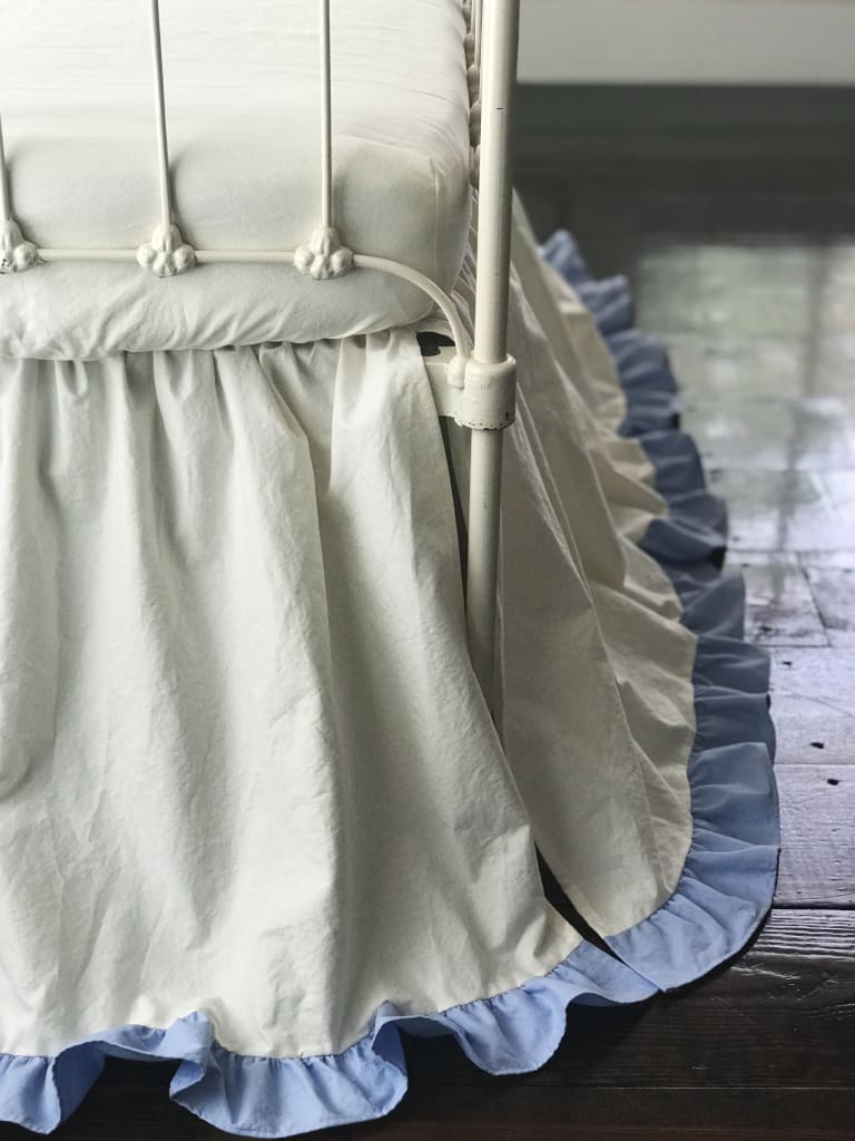 Ivory and Baby Blue Ruffled Crib Skirt handmade heirloom nursery - High Cotton Textile