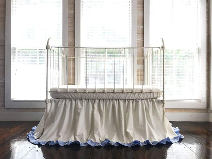 Ivory and baby blue ruffled crib skirt in washed cotton, 22-inch drop, gathered