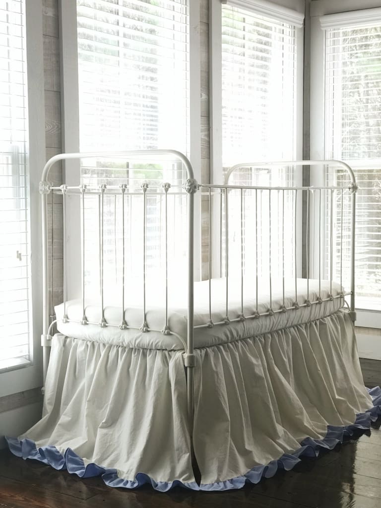 Ivory and Baby Blue Ruffled Crib Skirt handmade heirloom nursery - High Cotton Textile