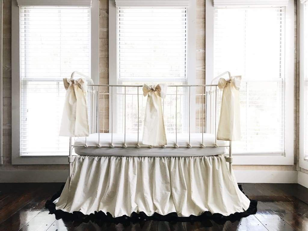 Ivory and Black Ruffled Crib Bedding Set handmade heirloom nursery - High Cotton Textile
