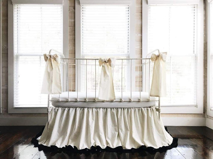 Ivory and Black Ruffled Crib Bedding Set handmade heirloom nursery - High Cotton Textile